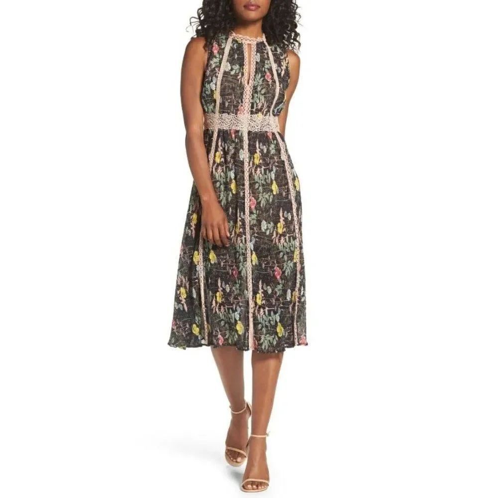 Foxiedox Anthropologie Kinsey Lace Spring Floral Print Gauze Midi Dress, Small